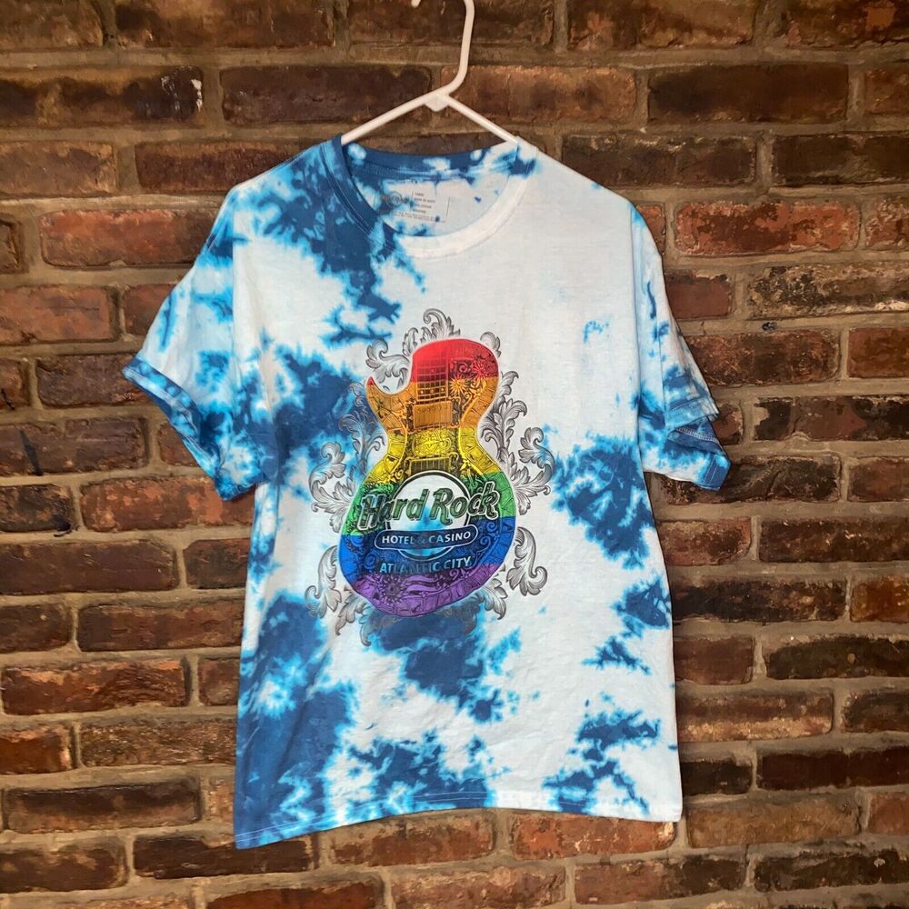 Hard Rock Atlantic City Custom Blue Tie Dye Rainbow Graphic T-Shirt Size Large